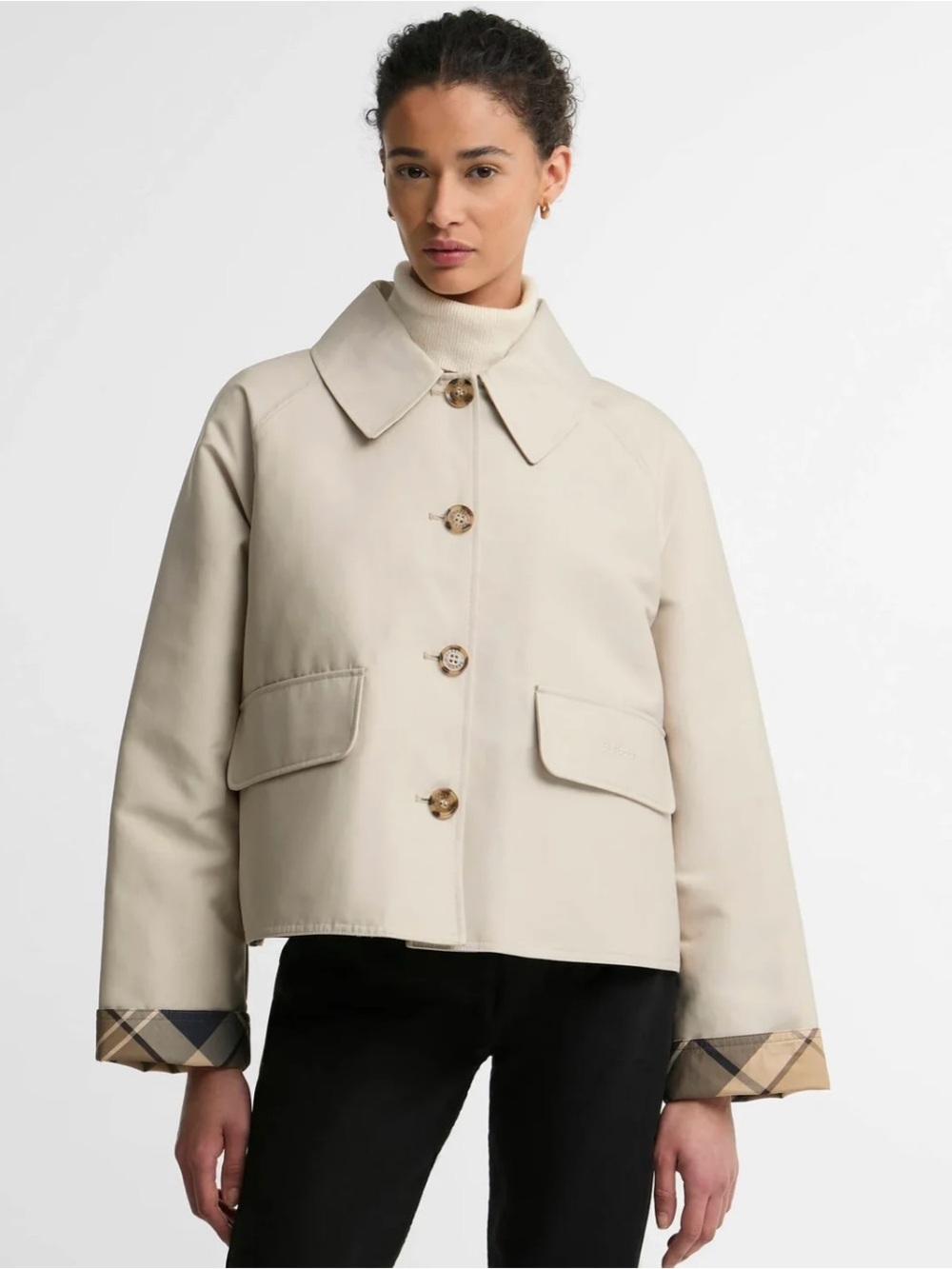 Barbour Delilah Showerproof Cropped Button Up Jacket with Plaid Accents